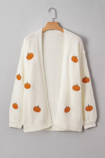 White Pumpkin Print Open Front Drop Shoulder Knit Cardigan