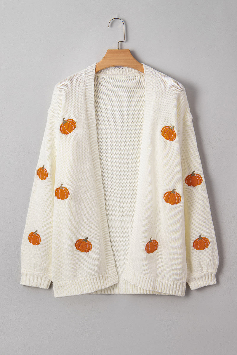 White Pumpkin Print Open Front Drop Shoulder Knit Cardigan