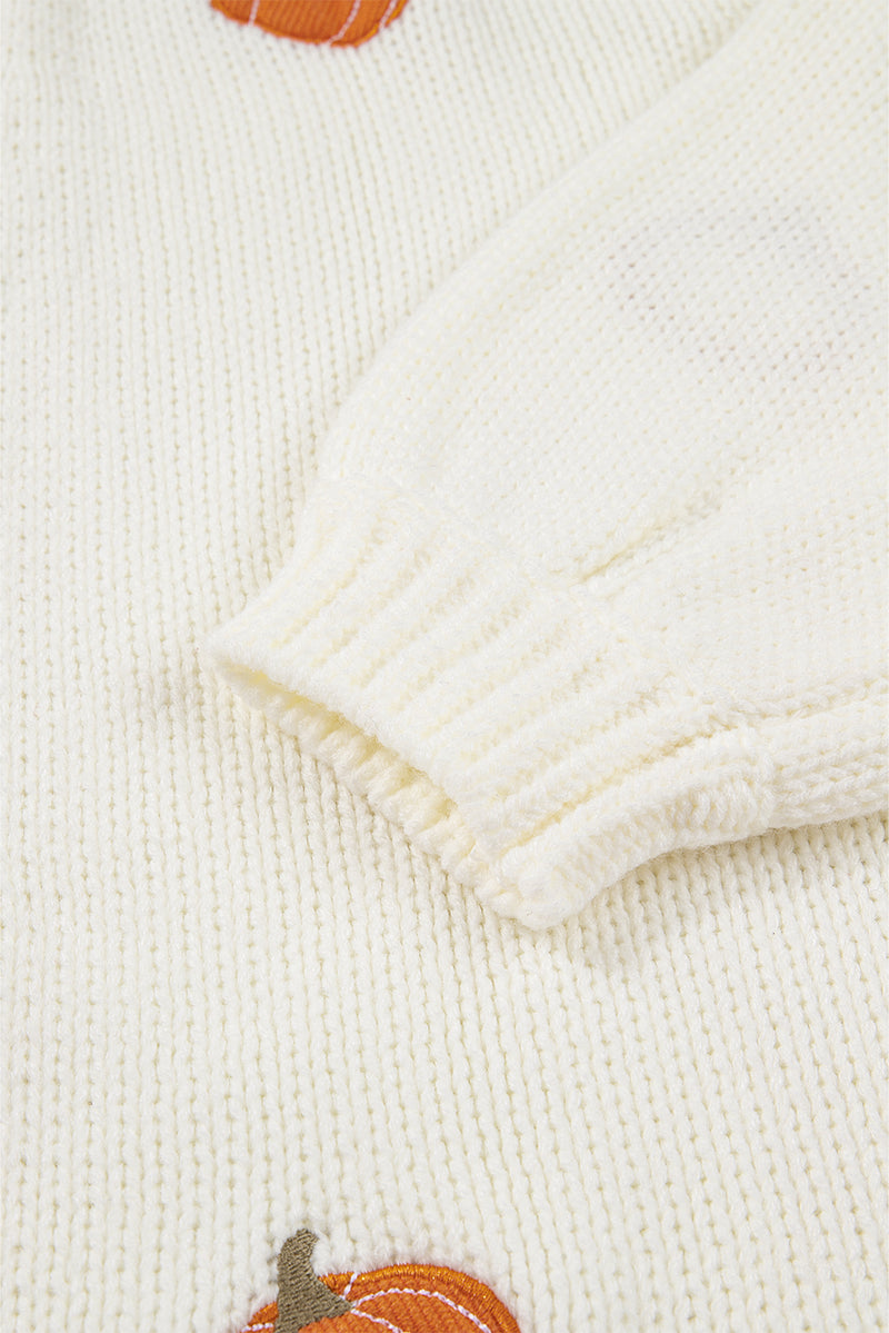 White Pumpkin Print Open Front Drop Shoulder Knit Cardigan