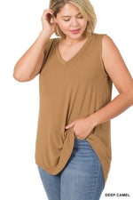 PLUS LUXE RAYON SLEEVELESS V-NECK HI-LOW HEM TOP