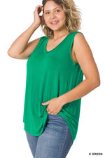 PLUS LUXE RAYON SLEEVELESS V-NECK HI-LOW HEM TOP