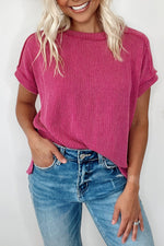 Crinkle Rib Knit Exposed Seam Round Neck Top