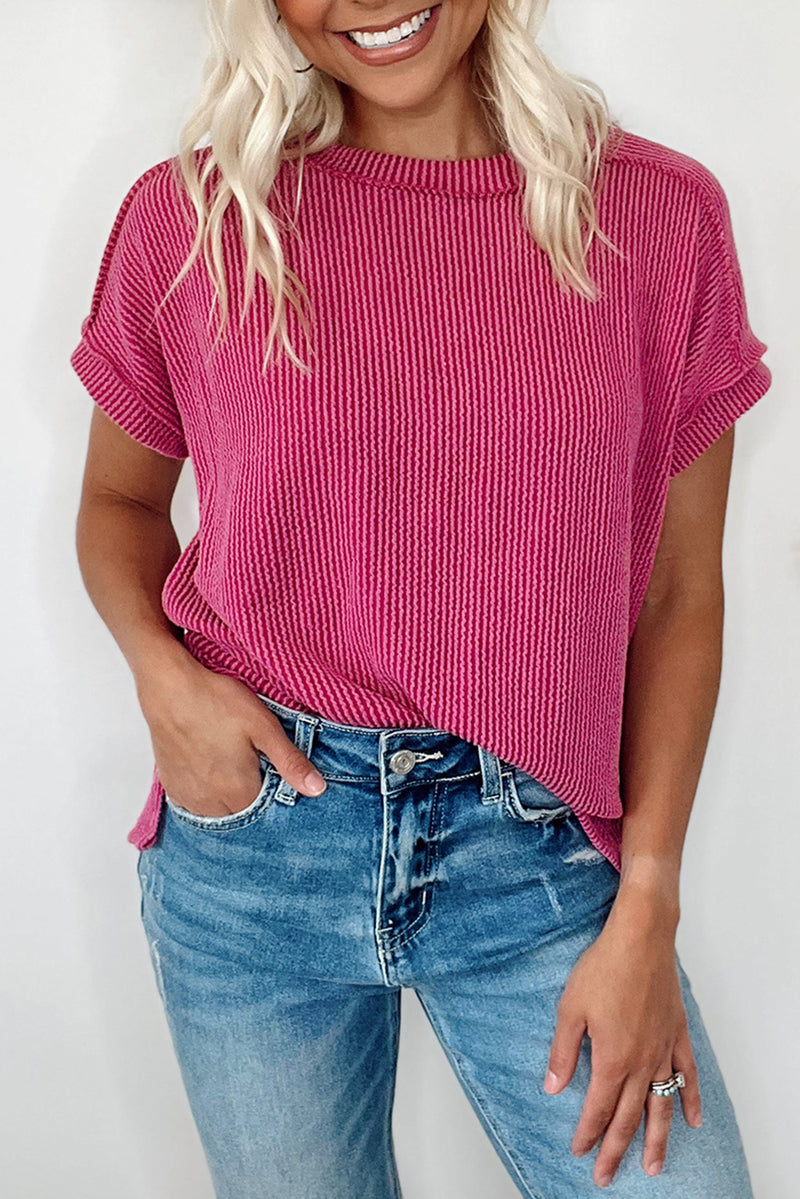 Crinkle Rib Knit Exposed Seam Round Neck Top