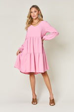 Double Trouble V-Neck Balloon Sleeve Tiered Dress