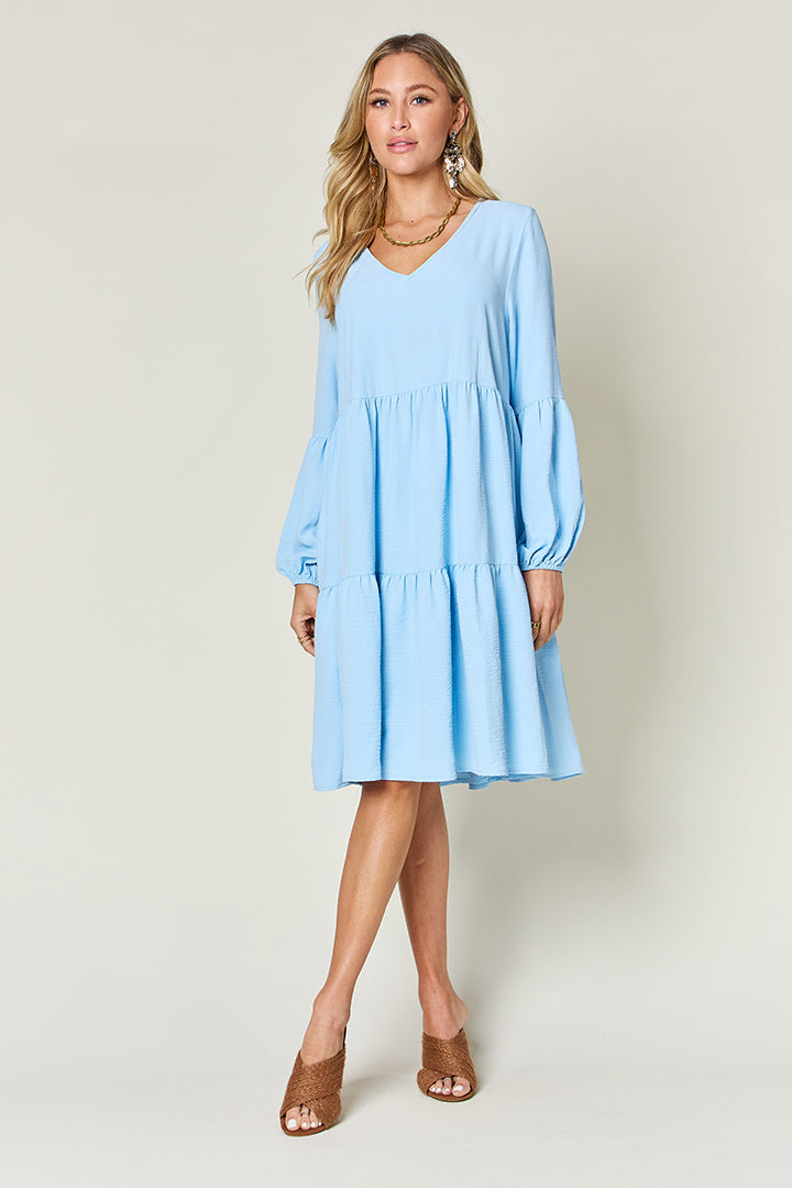 Double Trouble V-Neck Balloon Sleeve Tiered Dress