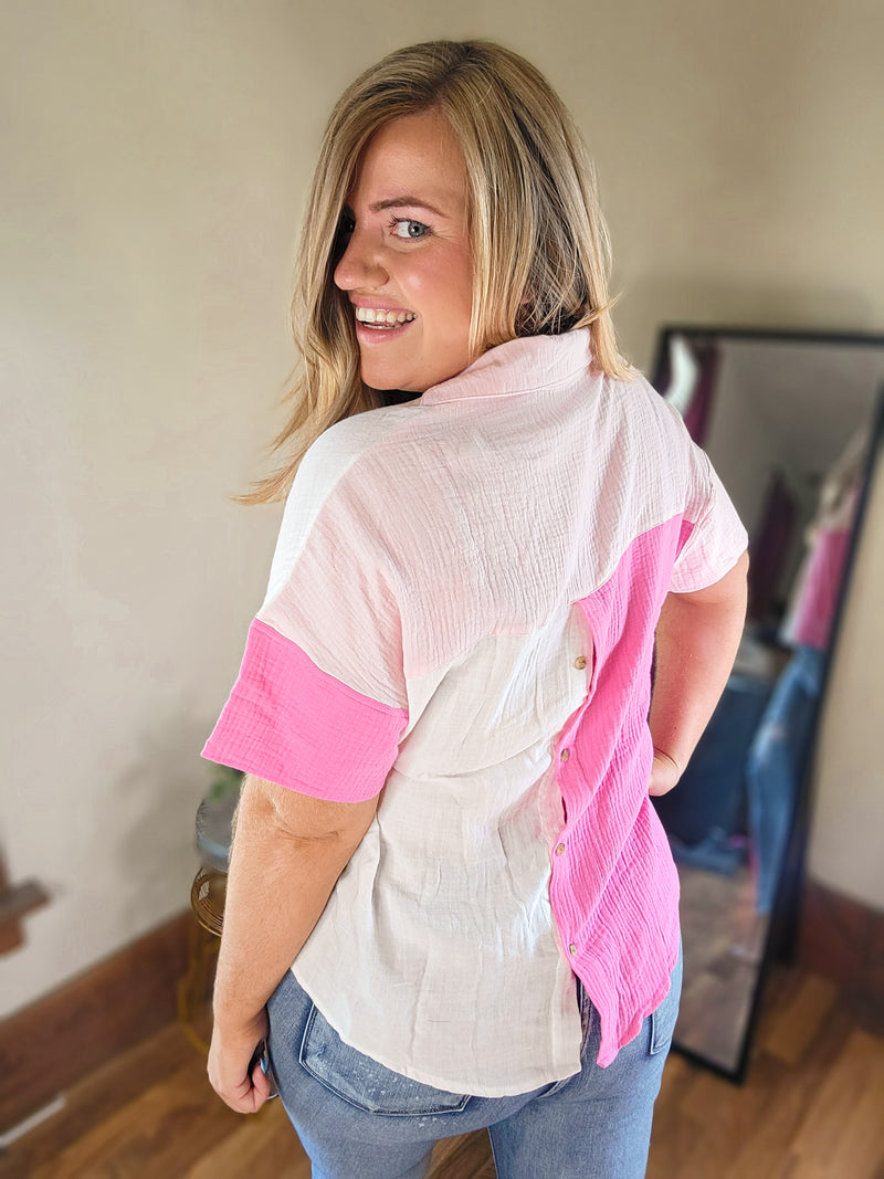 Color Block Textured Johnny Collar Blouse