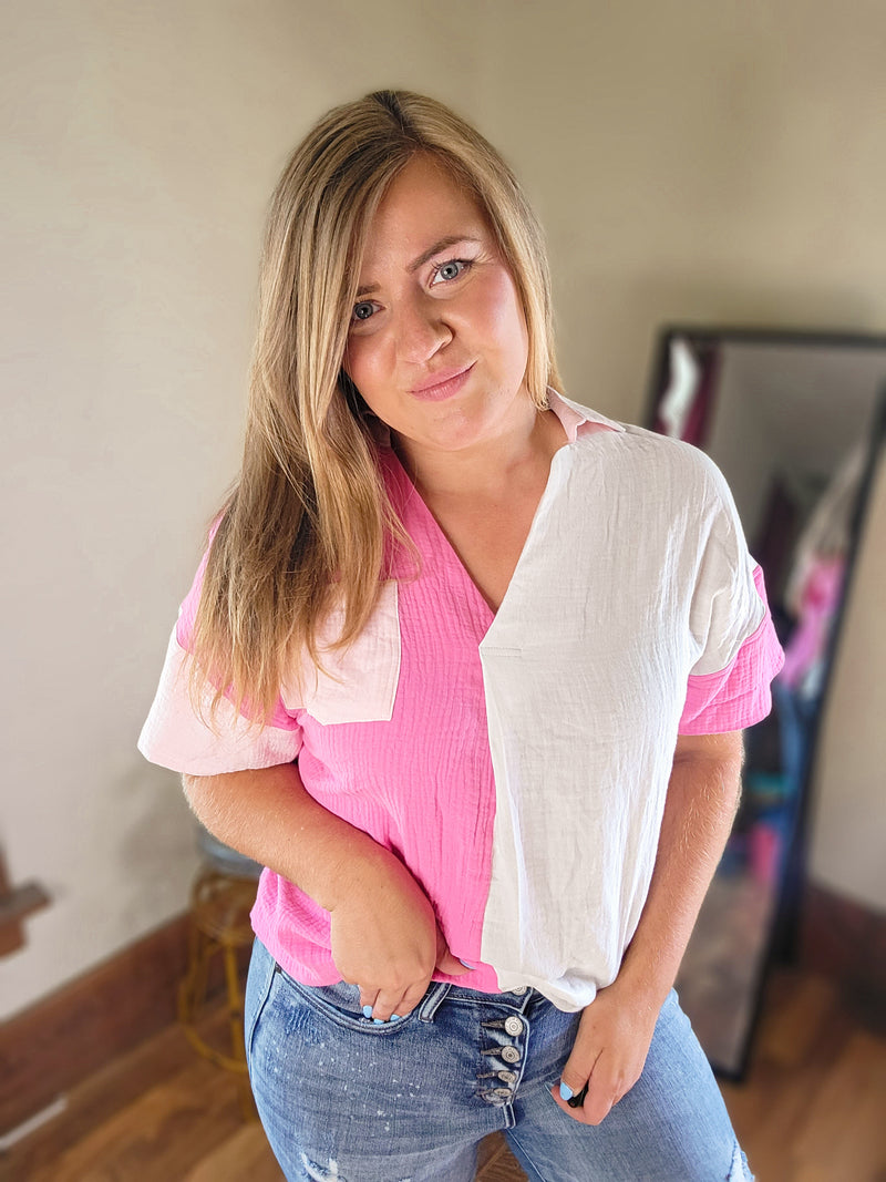 Color Block Textured Johnny Collar Blouse