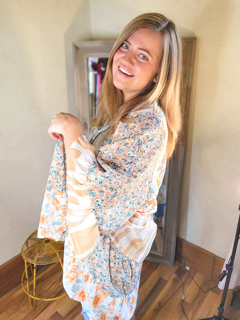 Multicolor Wide Sleeve Mixed Floral Duster