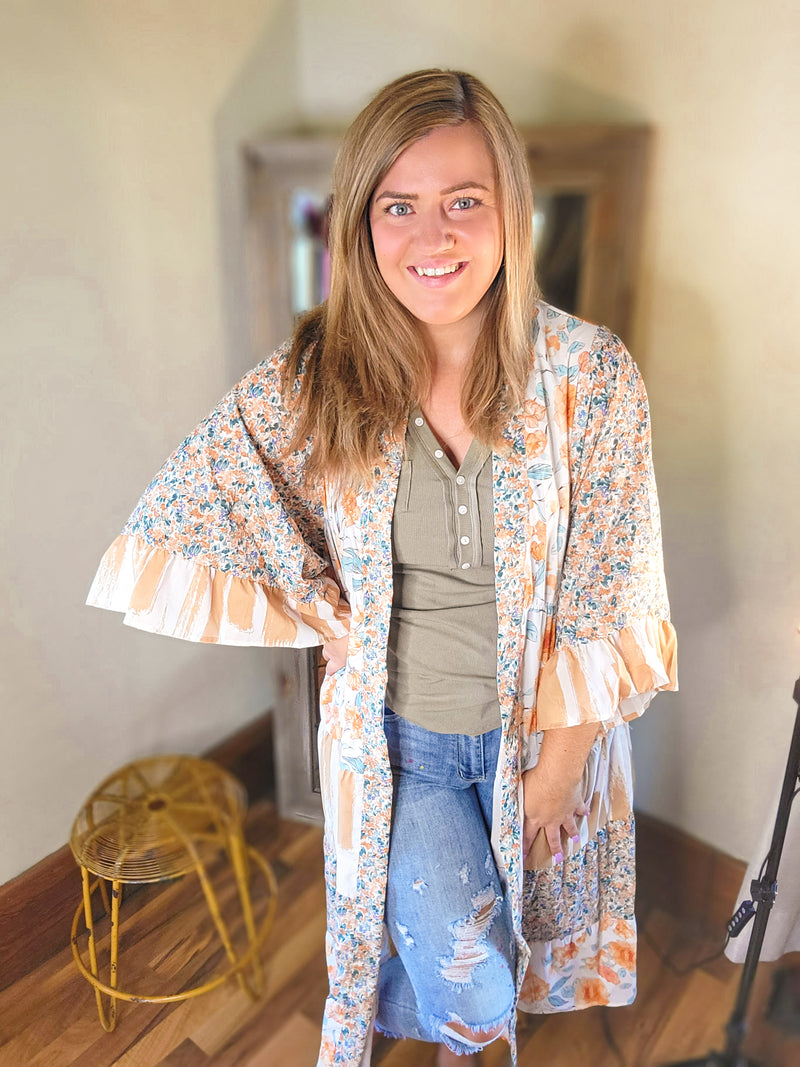 Multicolor Wide Sleeve Mixed Floral Duster
