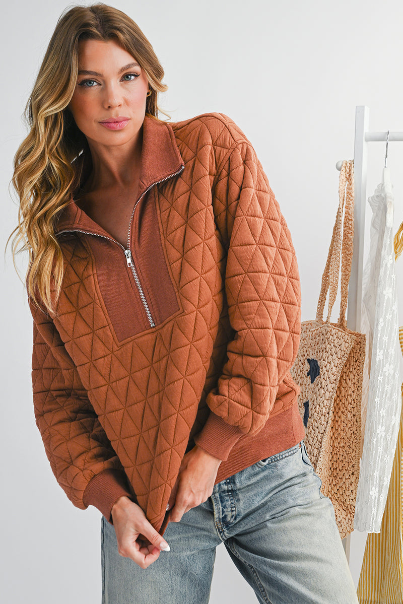 Rust Quilted Half Zip Pullover Sweatshirt