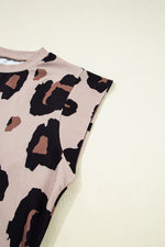 Khaki Leopard Round Neck Cap Sleeve Casual Tee