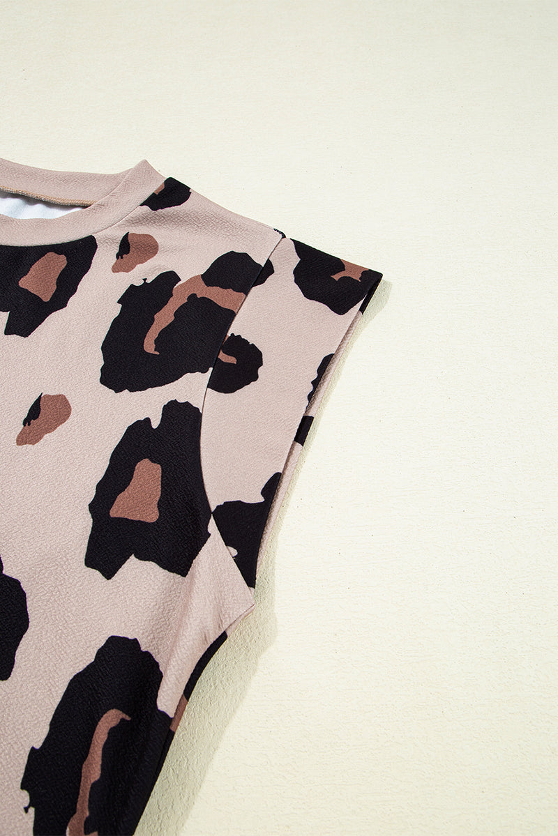Khaki Leopard Round Neck Cap Sleeve Casual Tee
