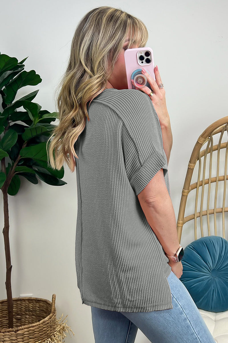 Crinkle Rib Knit Exposed Seam Round Neck Top