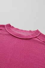 Crinkle Rib Knit Exposed Seam Round Neck Top