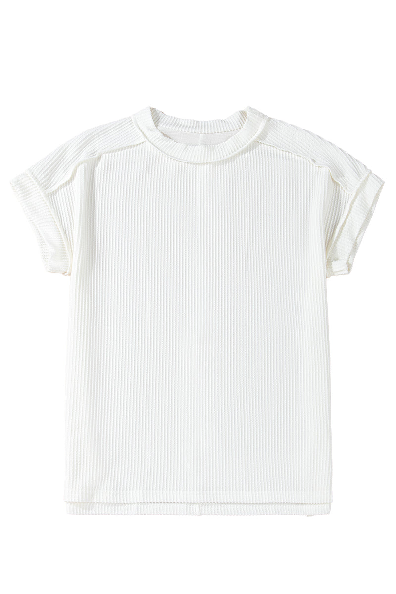 Crinkle Rib Knit Exposed Seam Round Neck Top