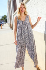 Spread Joy Gray & Blue Leopard Print Front Tie Oversize Jumper