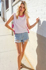 Follow Me Pink Stripe Textured French Terry Side Bow Top