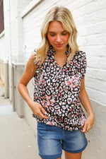 Dazzle In Black Leopard Print Frill Notch Neck Top