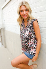Dazzle In Black Leopard Print Frill Notch Neck Top