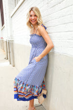 Follow Me Navy Boho Print Smocked Shoulder Tie Border Hem Dress