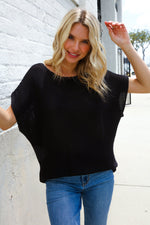 Stand Out Black Loose Knit Dolman Top/Coverup with Crochet Details