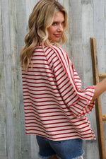 Casual Chic Cotton Red & Cream Stripe Raglan 3/4 Sleeve Pullover