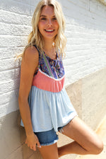 Vacay Vibes Coral/Blue Boho Print Color Block Sleeveless Top