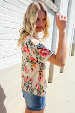 Weekend Ready Taupe Floral Print Short Sleeve Top