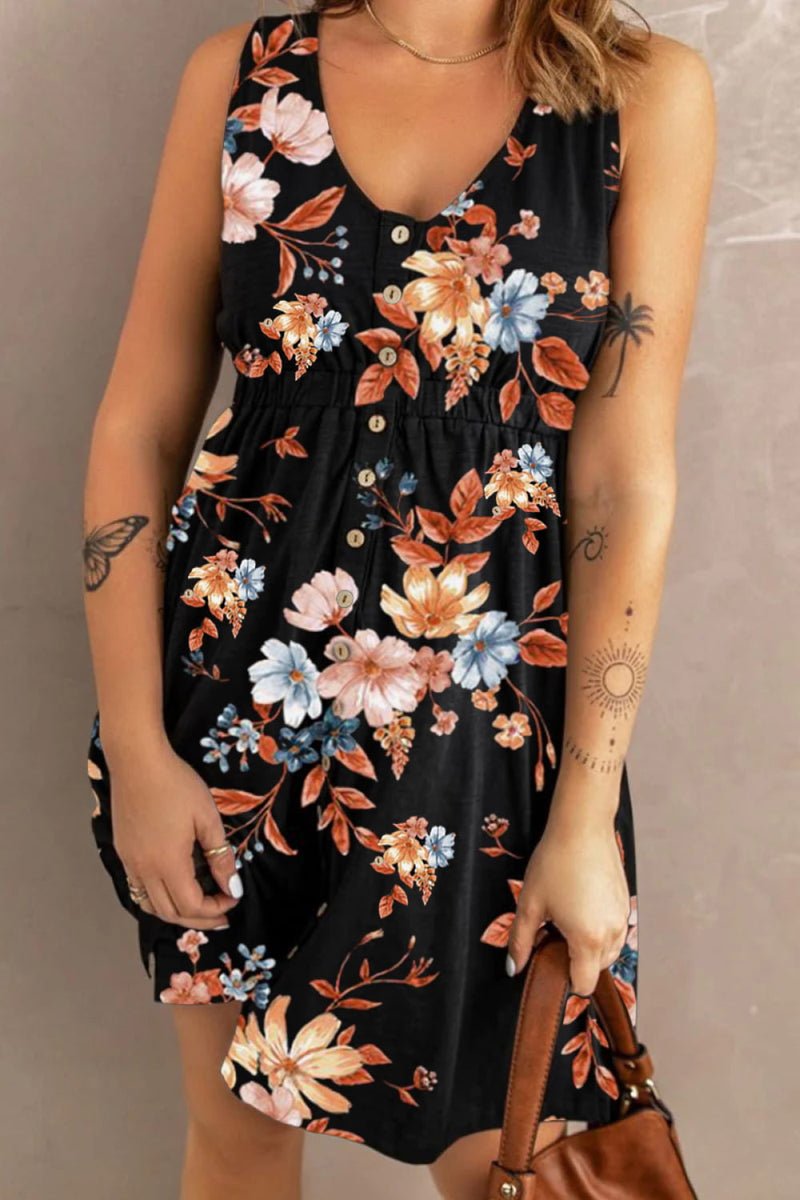 Sloane Printed Sleeveless Buttoned Magic Dress with Pockets