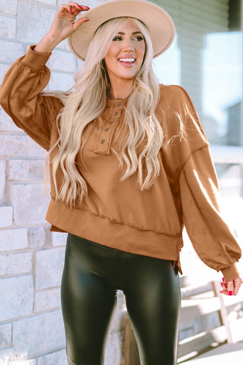 Exposed Seam Half Button Oversized Pullover