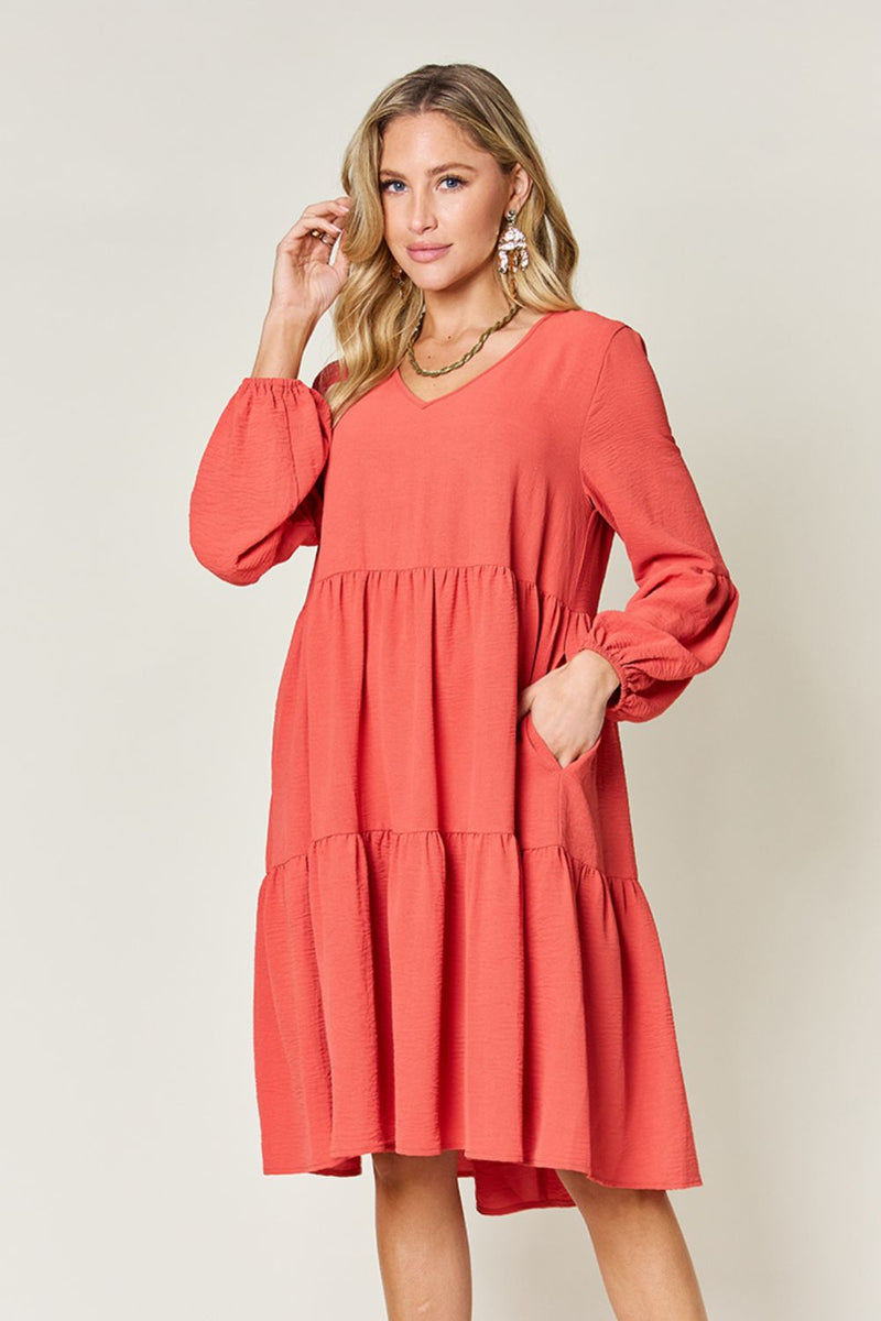 Double Trouble V-Neck Balloon Sleeve Tiered Dress