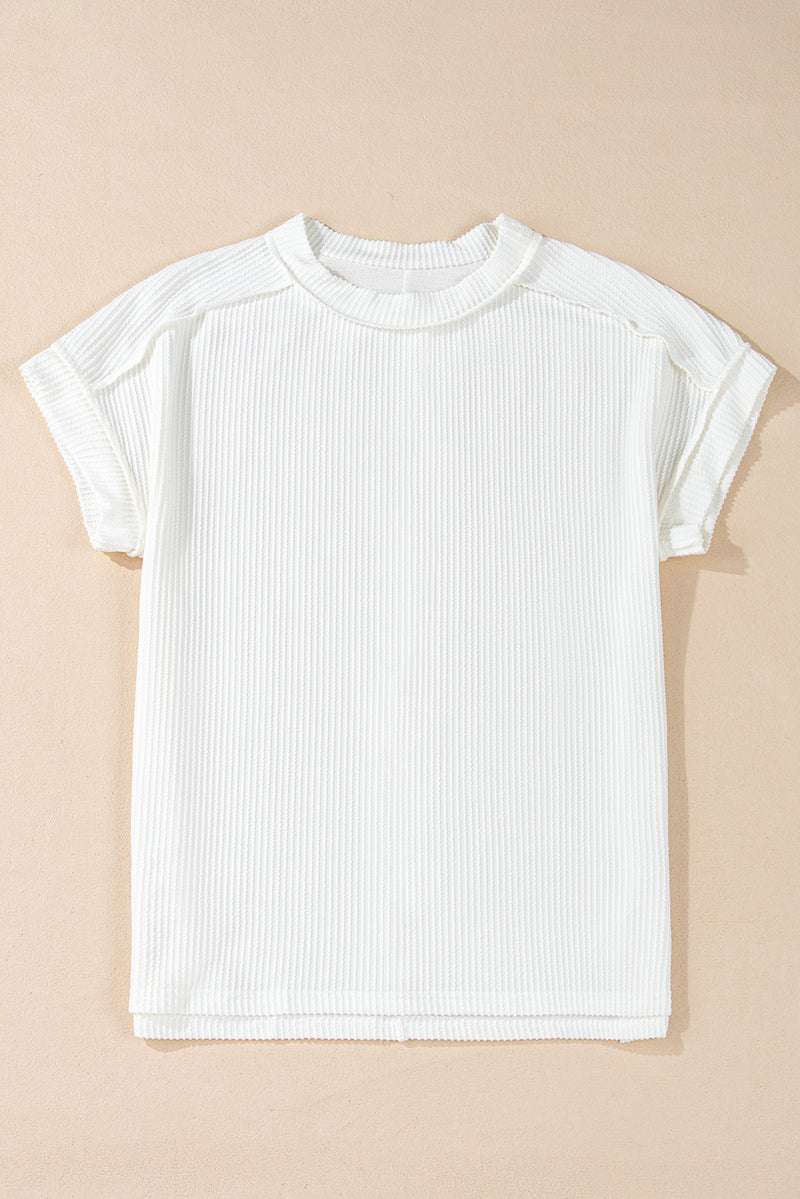 Crinkle Rib Knit Exposed Seam Round Neck Top