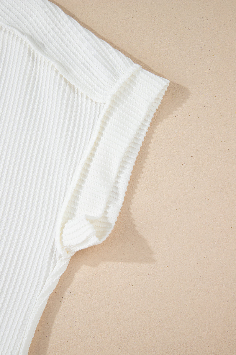 Crinkle Rib Knit Exposed Seam Round Neck Top