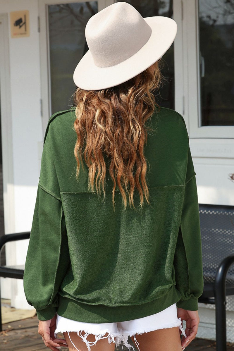 Exposed Seam Half Button Oversized Pullover