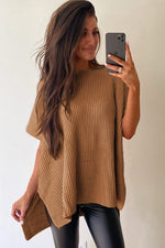 Gray Side Slit Short Dolman Sleeve Knitted Oversized Top