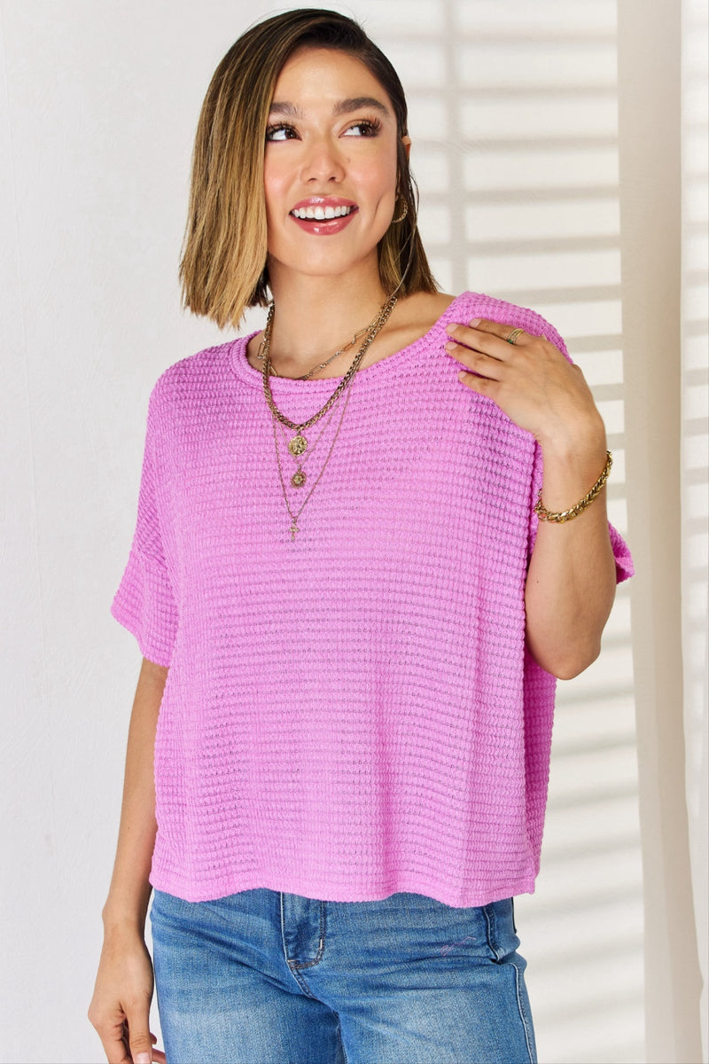 Zenana Waffle Round Neck Short Sleeve Top