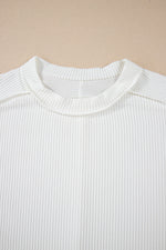 Crinkle Rib Knit Exposed Seam Round Neck Top