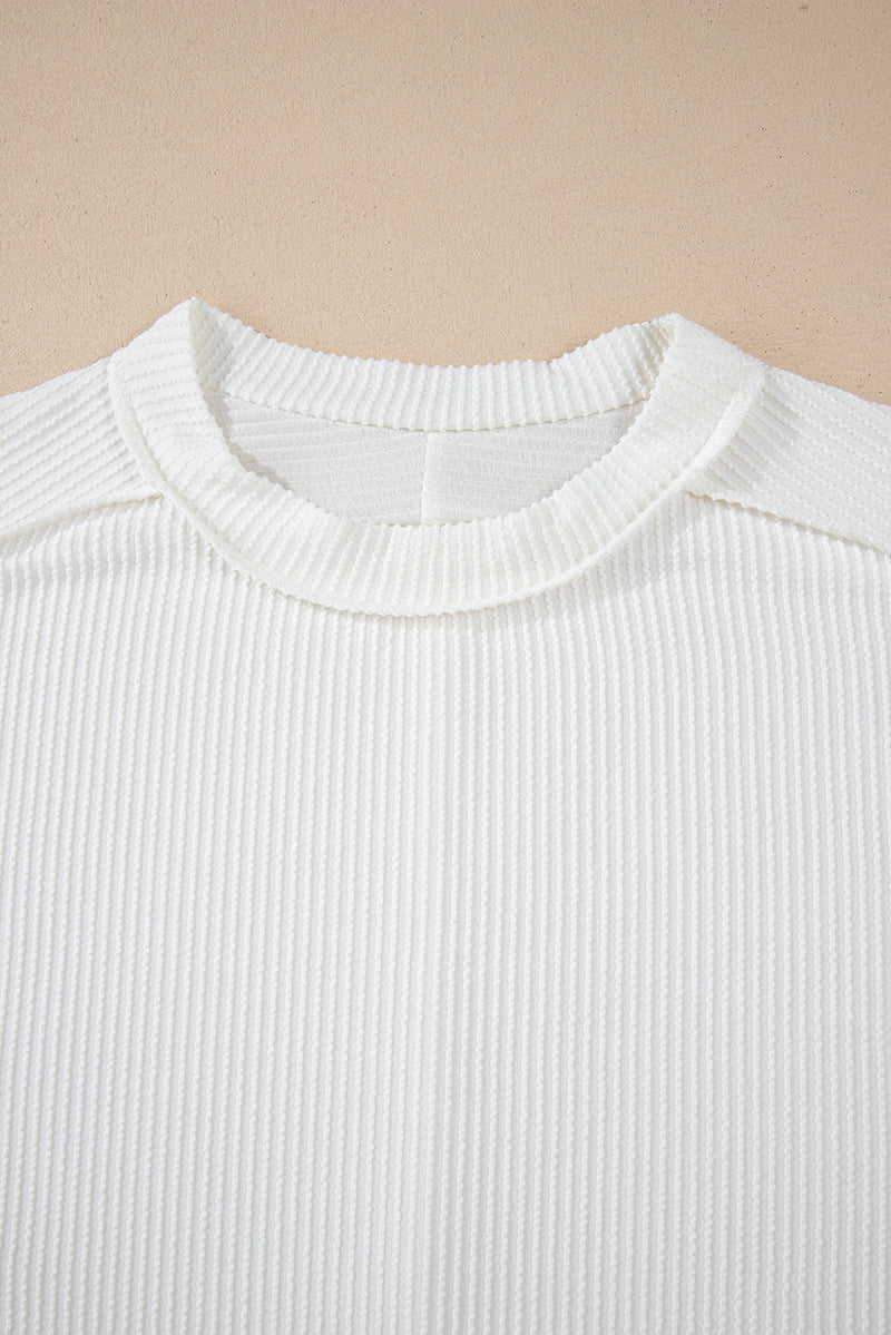 Crinkle Rib Knit Exposed Seam Round Neck Top