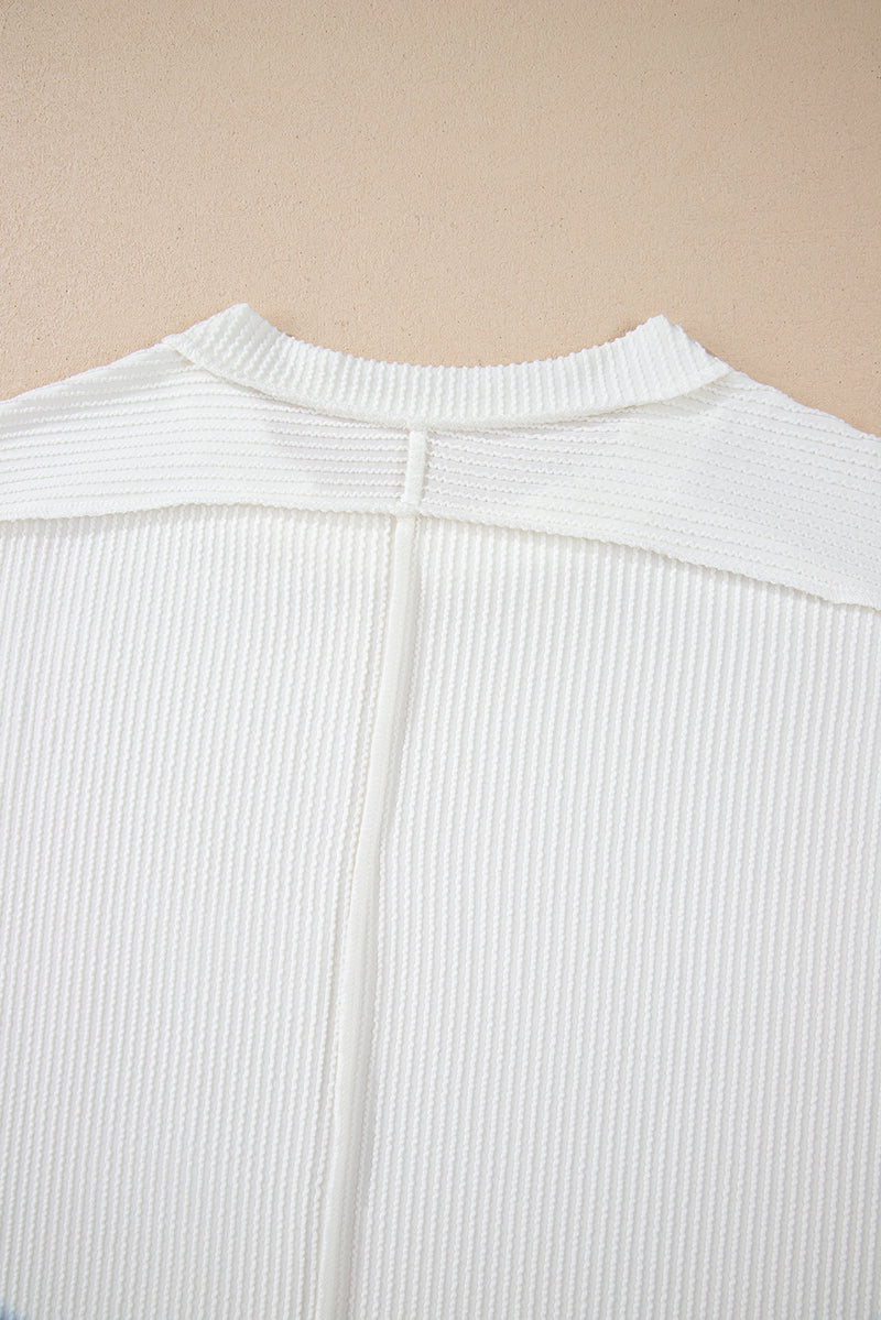 Crinkle Rib Knit Exposed Seam Round Neck Top