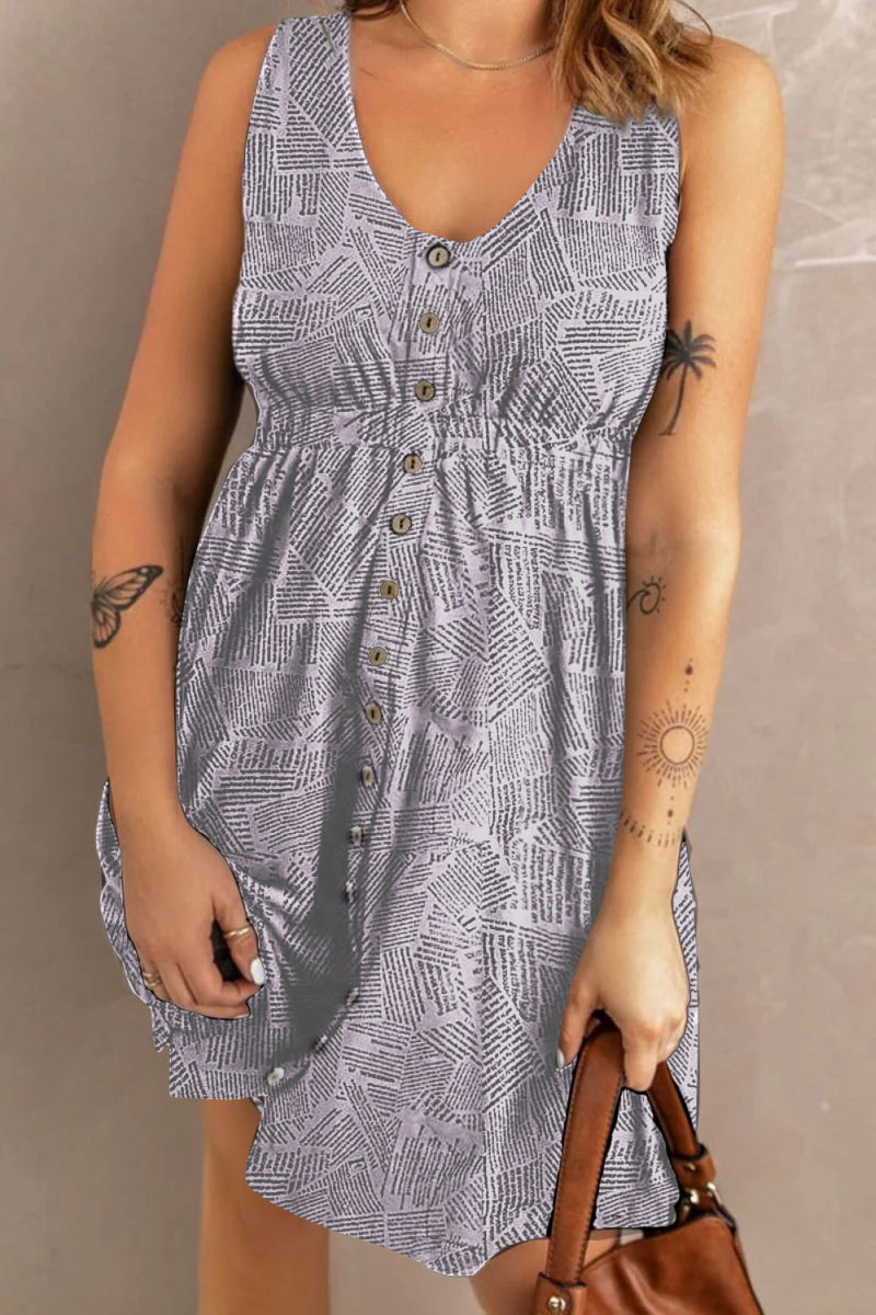 Sloane Printed Sleeveless Buttoned Magic Dress with Pockets