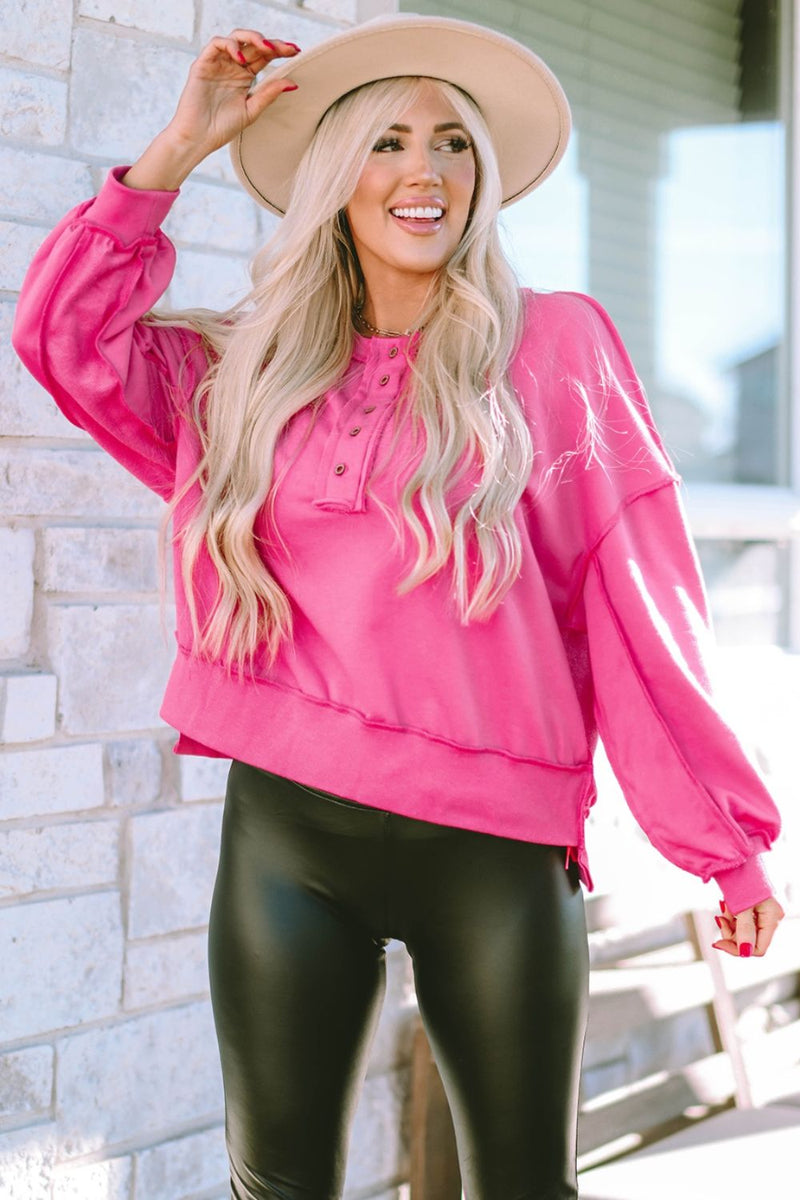 Exposed Seam Half Button Oversized Pullover