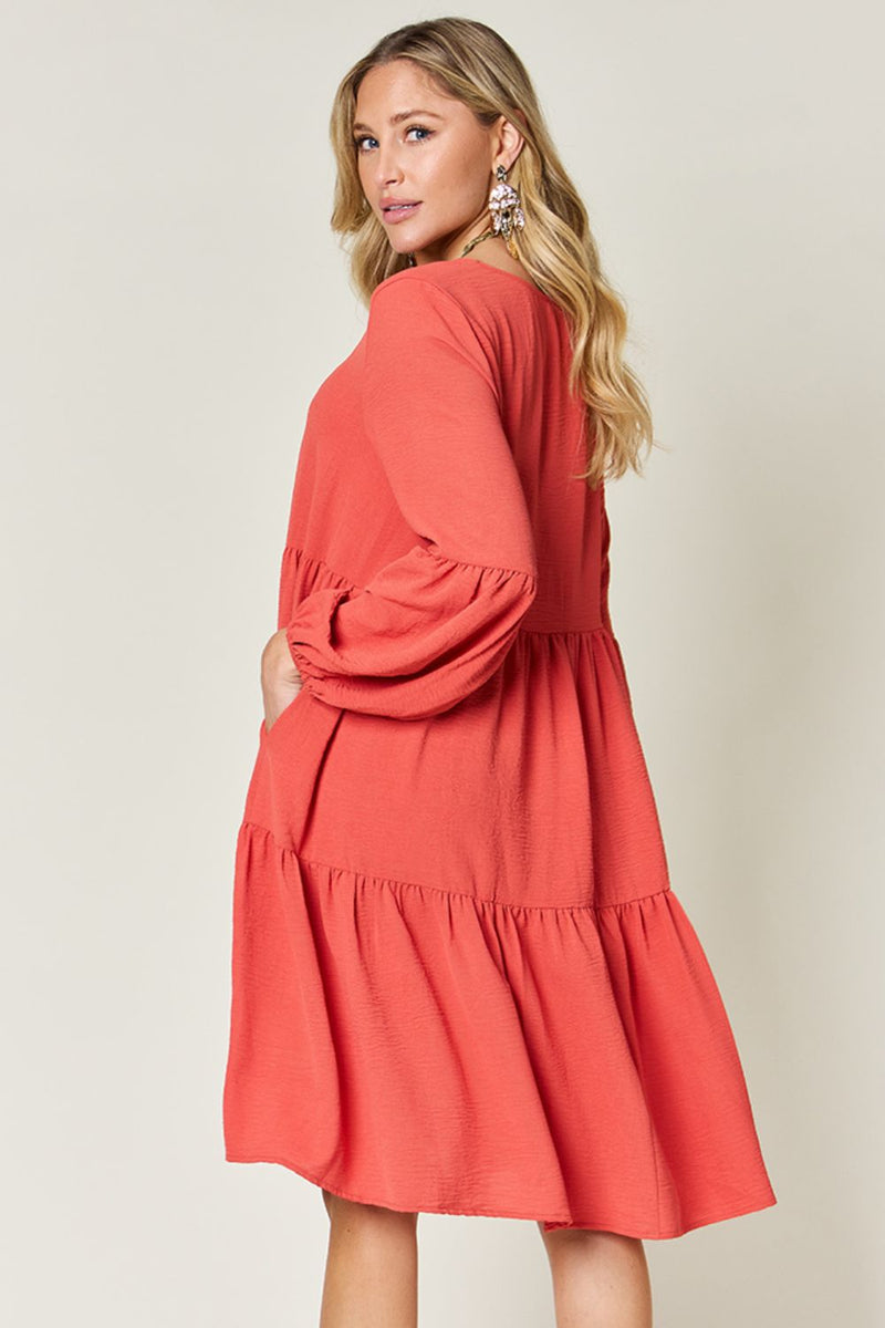 Double Trouble V-Neck Balloon Sleeve Tiered Dress