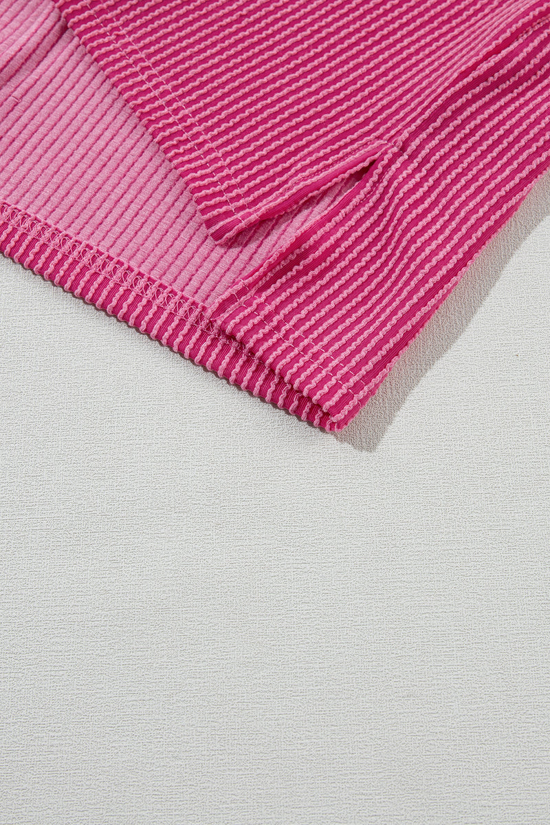 Crinkle Rib Knit Exposed Seam Round Neck Top