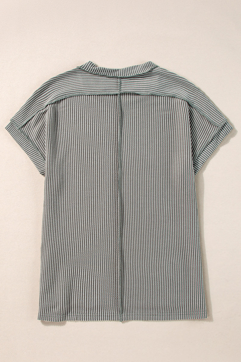 Crinkle Rib Knit Exposed Seam Round Neck Top