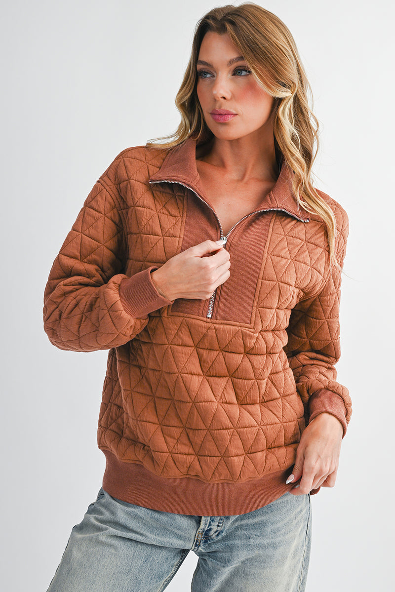 Rust Quilted Half Zip Pullover Sweatshirt
