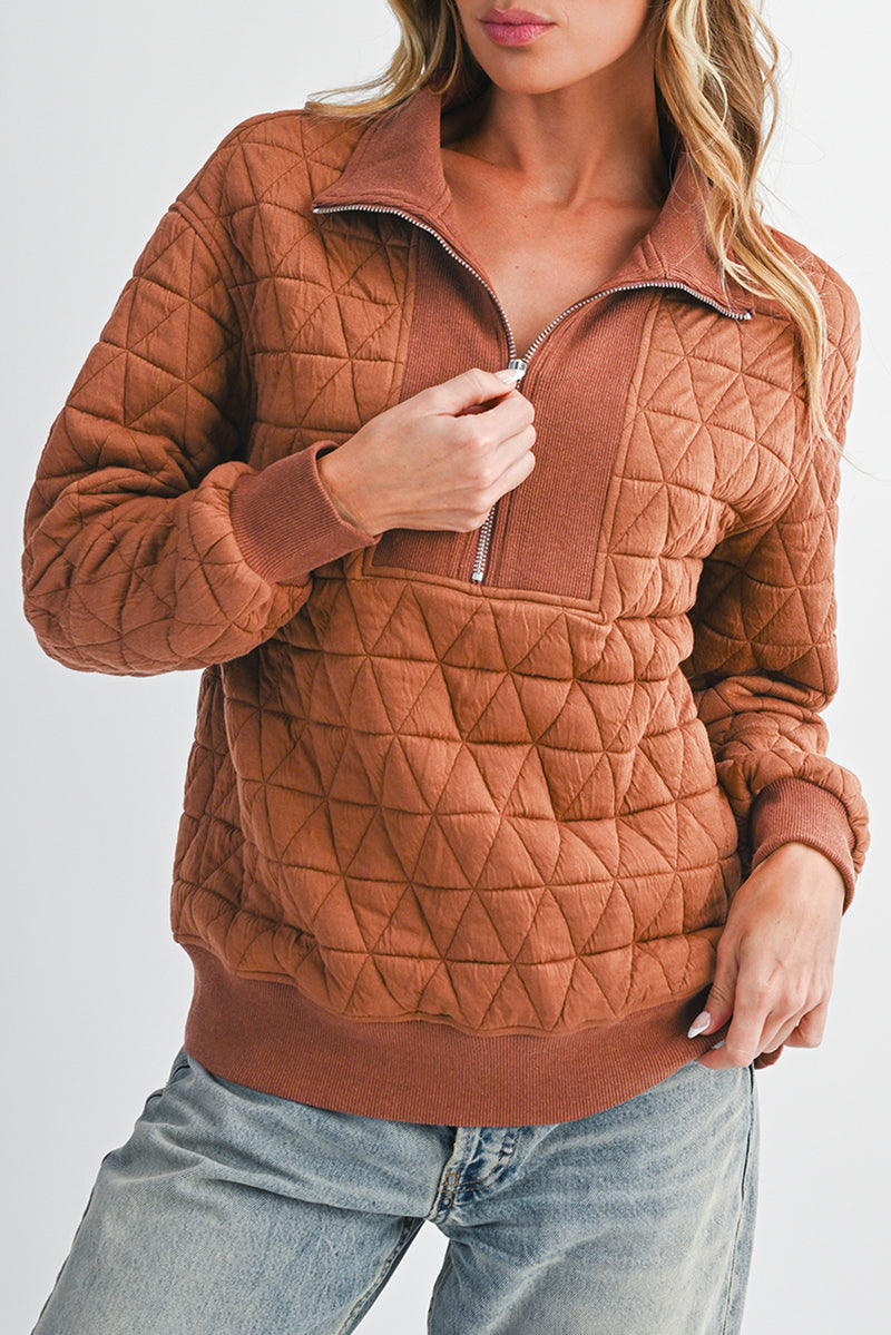 Rust Quilted Half Zip Pullover Sweatshirt