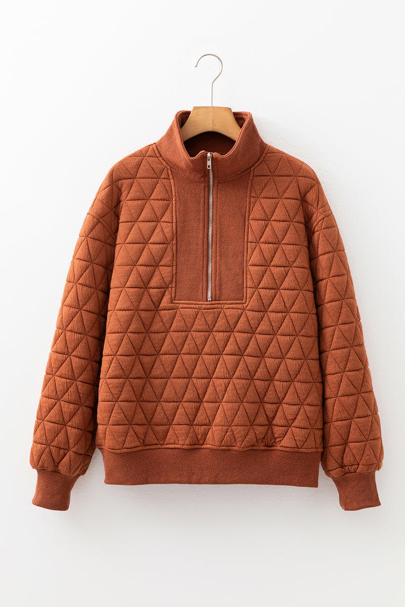 Rust Quilted Half Zip Pullover Sweatshirt