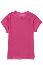 Crinkle Rib Knit Exposed Seam Round Neck Top