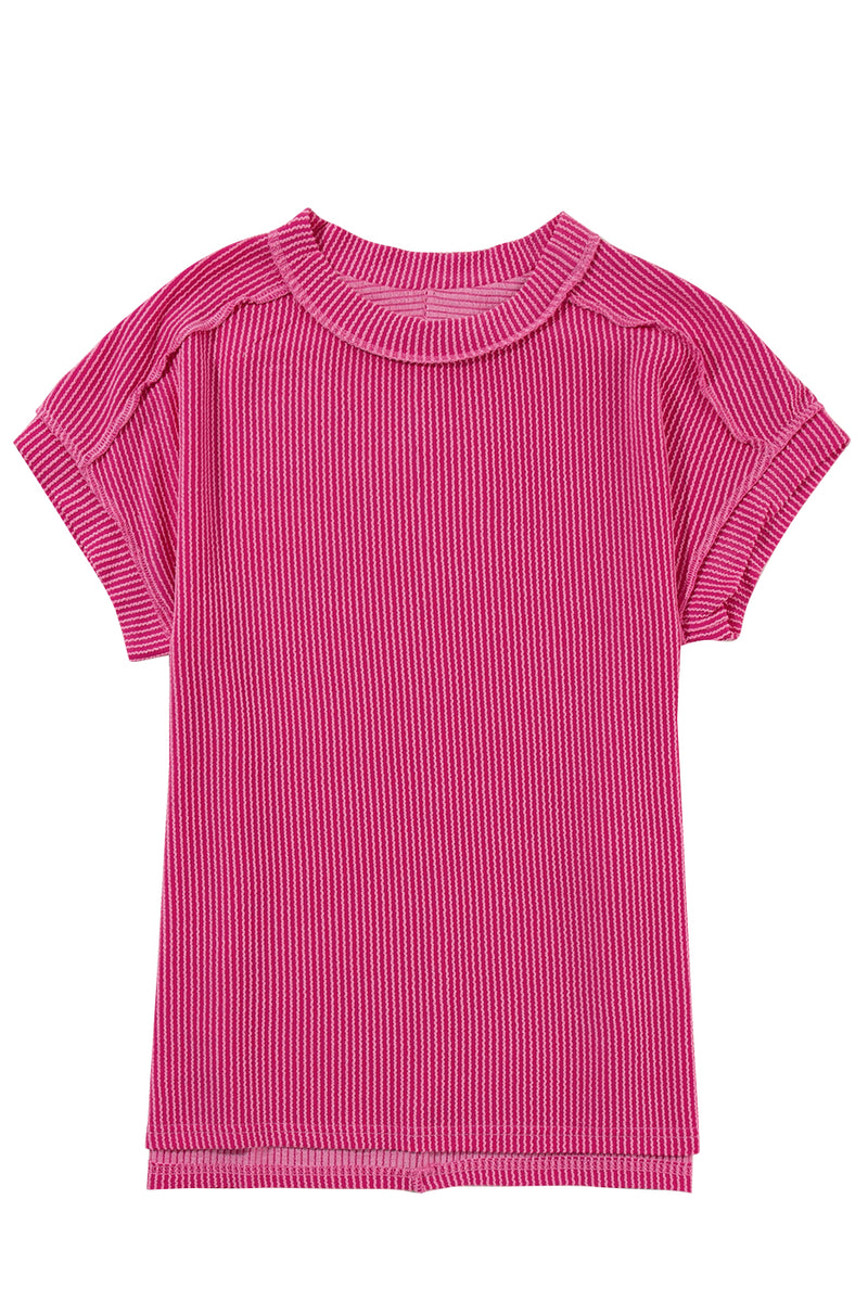 Crinkle Rib Knit Exposed Seam Round Neck Top