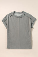 Crinkle Rib Knit Exposed Seam Round Neck Top